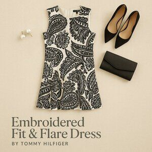 Tommy Hilfiger Embroidered Fit & Flare Midi Dress 10 | Black White A-Line Lined